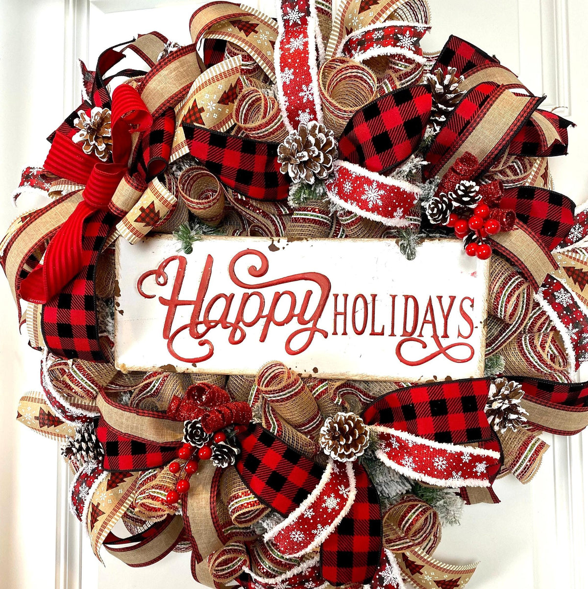 XL Farmhouse Holiday Wreath, Winter Wreath, Buffalo Plaid Decor, front door porch decor