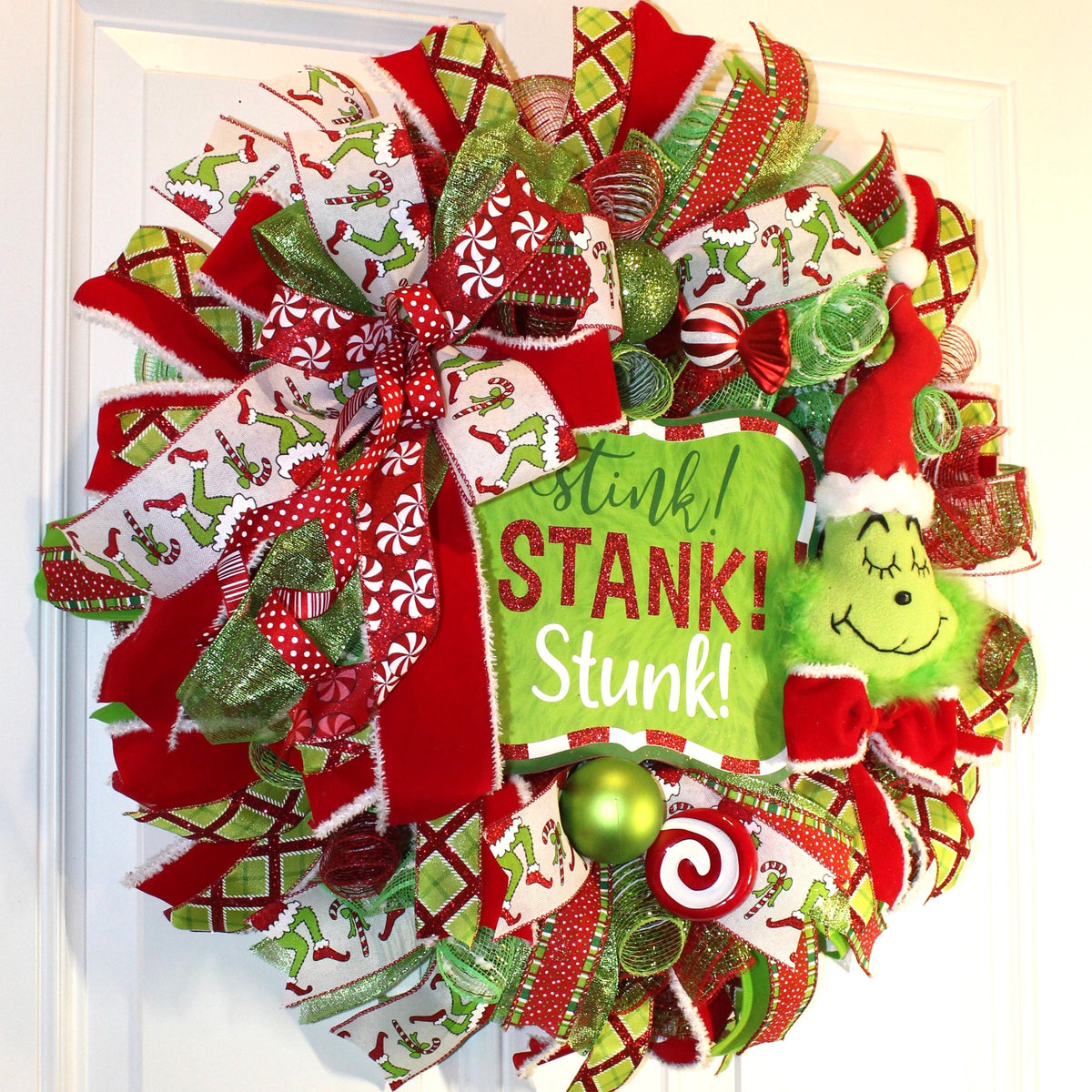 Green Monster Christmas Wreath, Whimsical Red Peppermint Holiday Front Door Decor