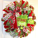 Green Monster Christmas Wreath, Whimsical Red Peppermint Holiday Front Door Decor