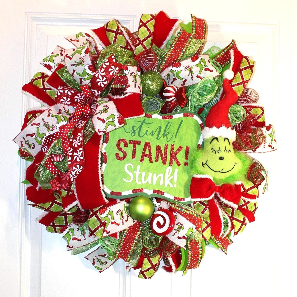 Green Monster Christmas Wreath, Whimsical Red Peppermint Holiday Front Door Decor