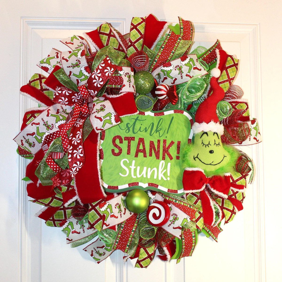 Green Monster Christmas Wreath, Whimsical Red Peppermint Holiday Front Door Decor