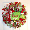Green Monster Christmas Wreath, Whimsical Red Peppermint Holiday Front Door Decor
