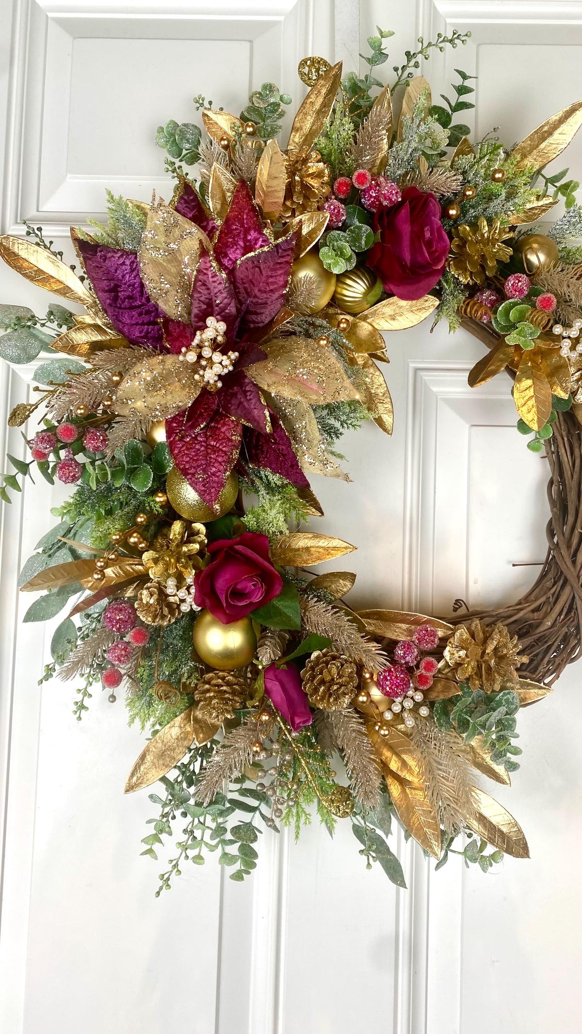 Poinsettia Christmas Wreath: Purple, Magenta & Gold Ornament Decor