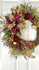 Poinsettia Christmas Wreath: Purple, Magenta & Gold Ornament Decor