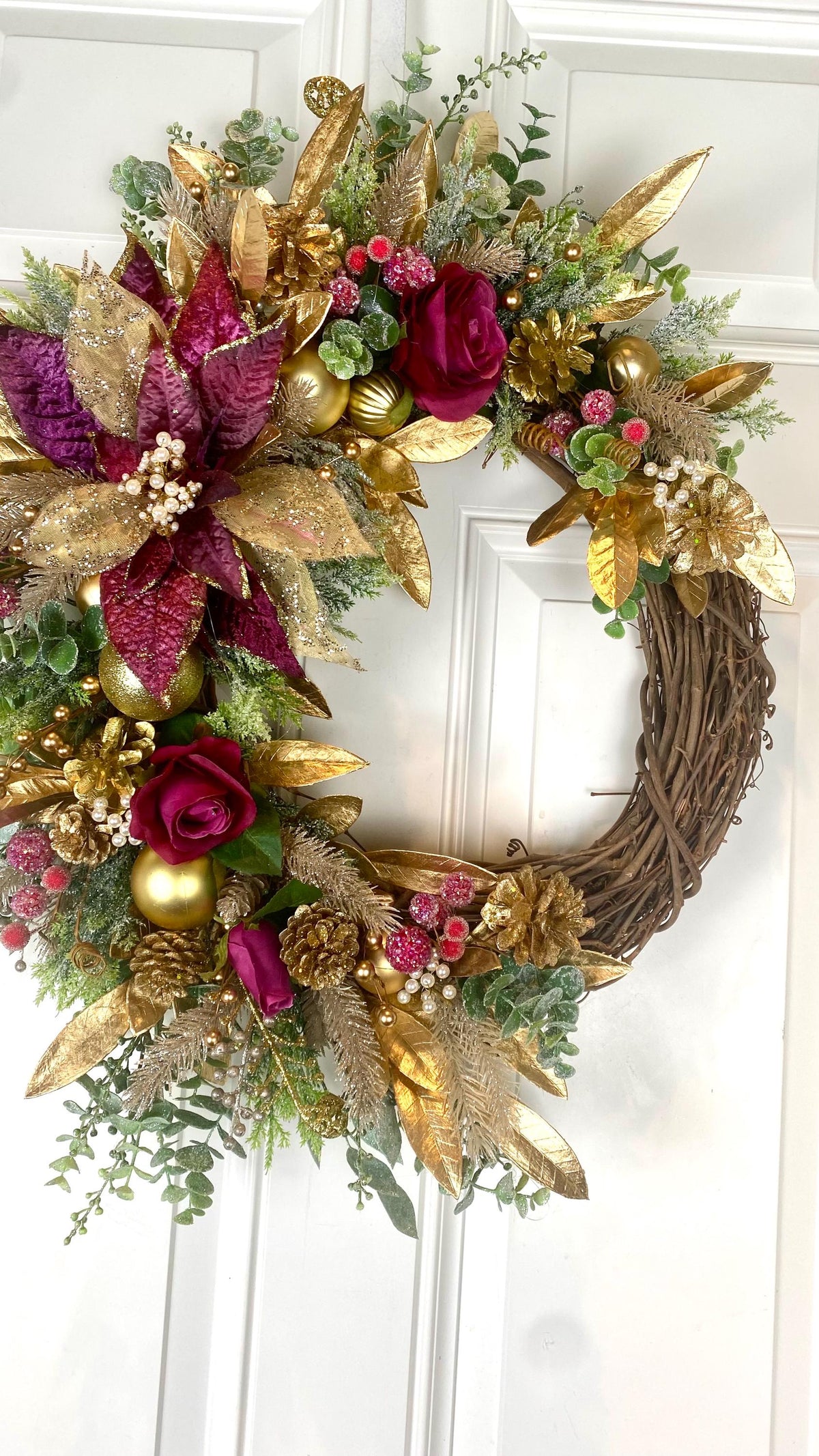 Poinsettia Christmas Wreath: Purple, Magenta & Gold Ornament Decor