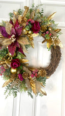 Poinsettia Christmas Wreath: Purple, Magenta & Gold Ornament Decor