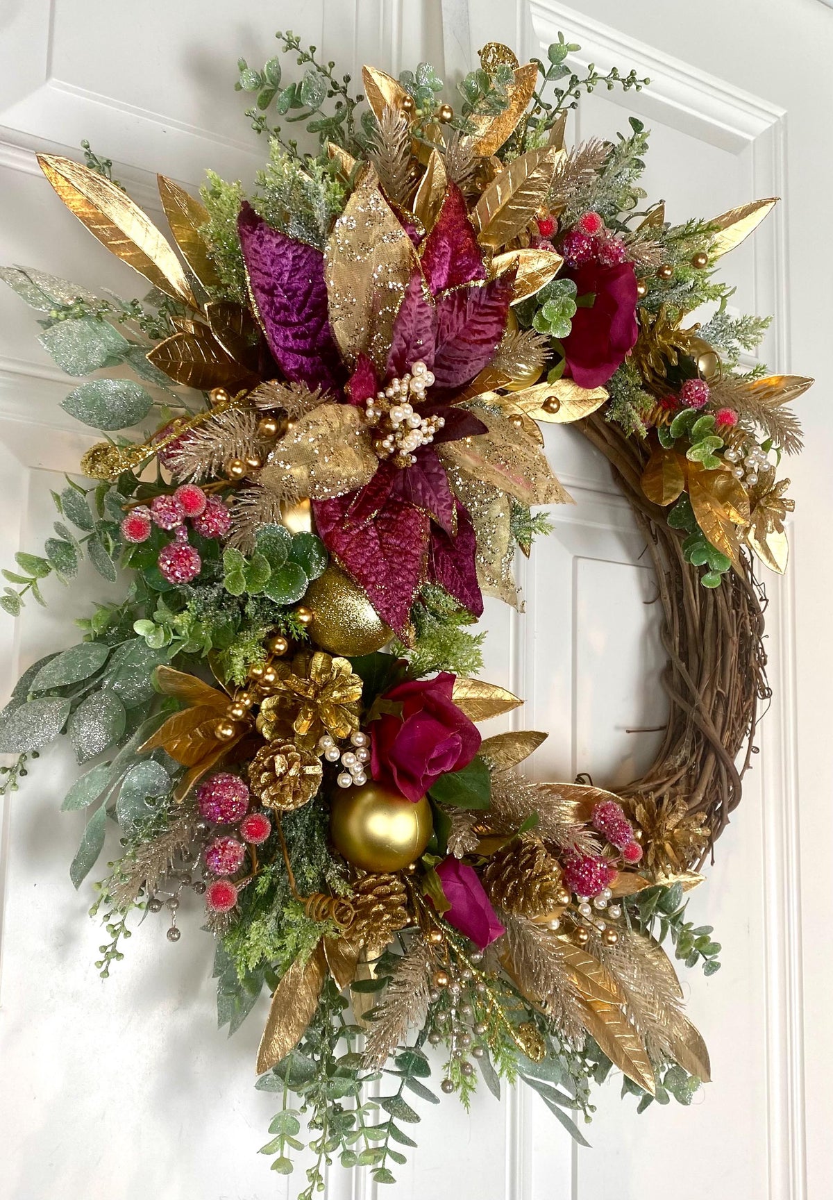 Poinsettia Christmas Wreath: Purple, Magenta & Gold Ornament Decor