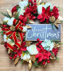 Elegant Poinsettia Christmas Wreath with Golden Leaves & Cedar Accents