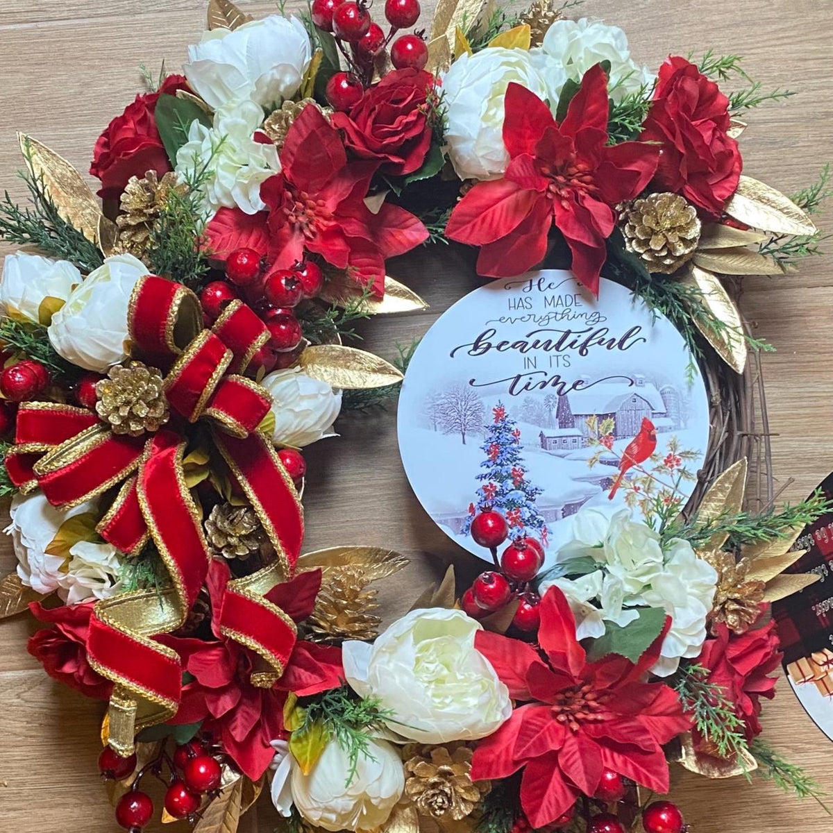 Elegant Poinsettia Christmas Wreath with Golden Leaves & Cedar Accents