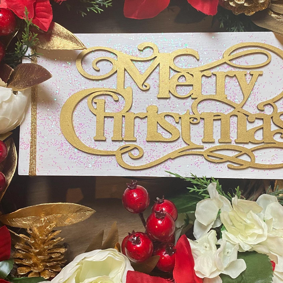 Elegant Poinsettia Christmas Wreath with Golden Leaves & Cedar Accents