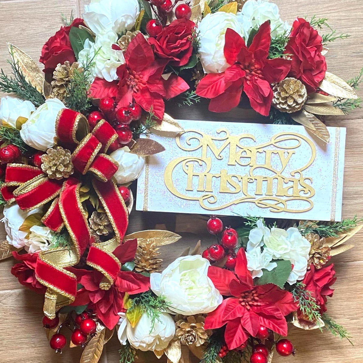 Elegant Poinsettia Christmas Wreath with Golden Leaves & Cedar Accents
