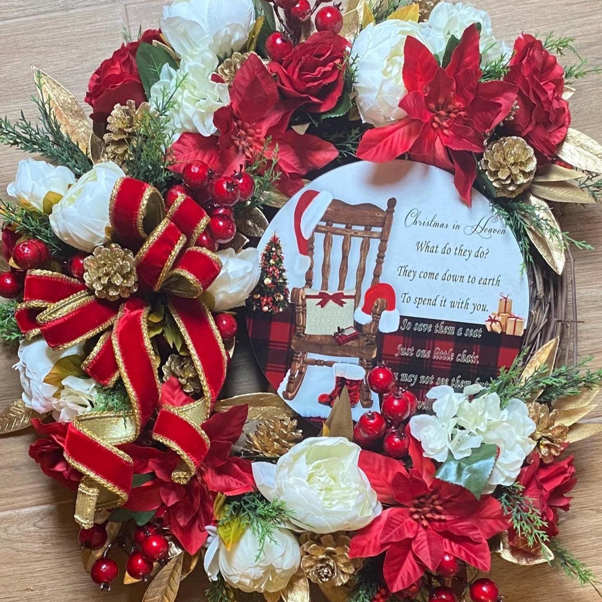 Elegant Poinsettia Christmas Wreath with Golden Leaves & Cedar Accents