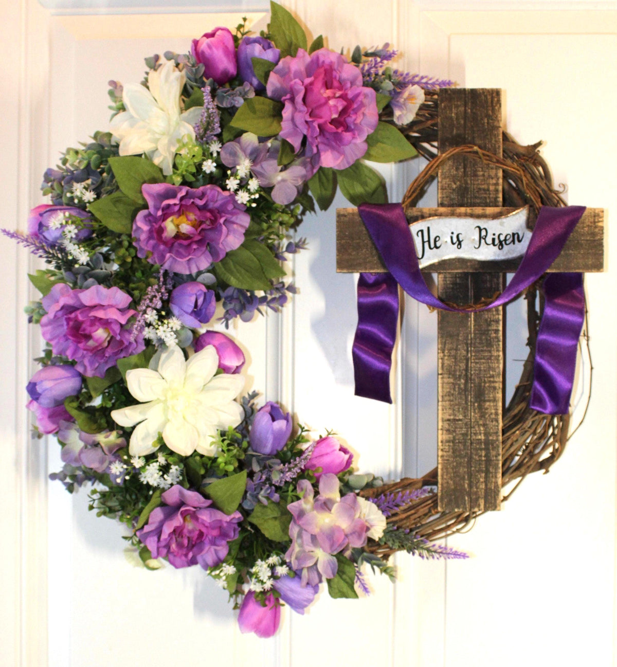 He is Risen Spring Wreath, Purple Easter Wreath, Spring Cross Wreath, Front Door Spring Wreath