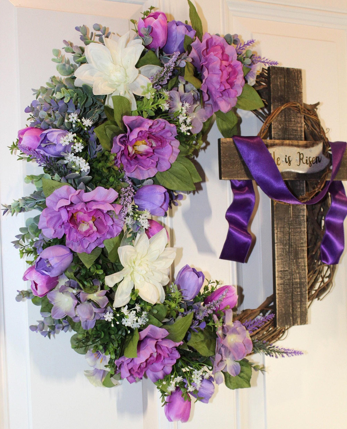He is Risen Spring Wreath, Purple Easter Wreath, Spring Cross Wreath, Front Door Spring Wreath