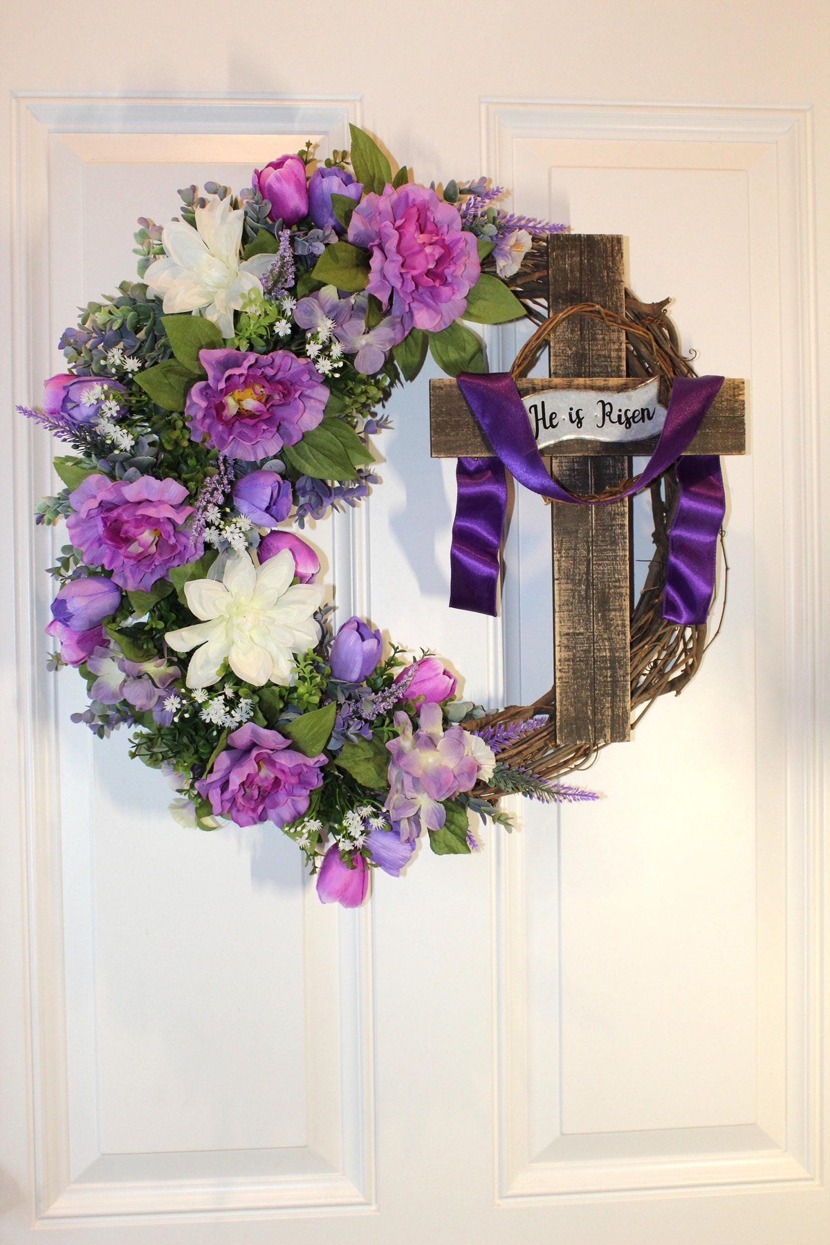 He is Risen Spring Wreath, Purple Easter Wreath, Spring Cross Wreath, Front Door Spring Wreath