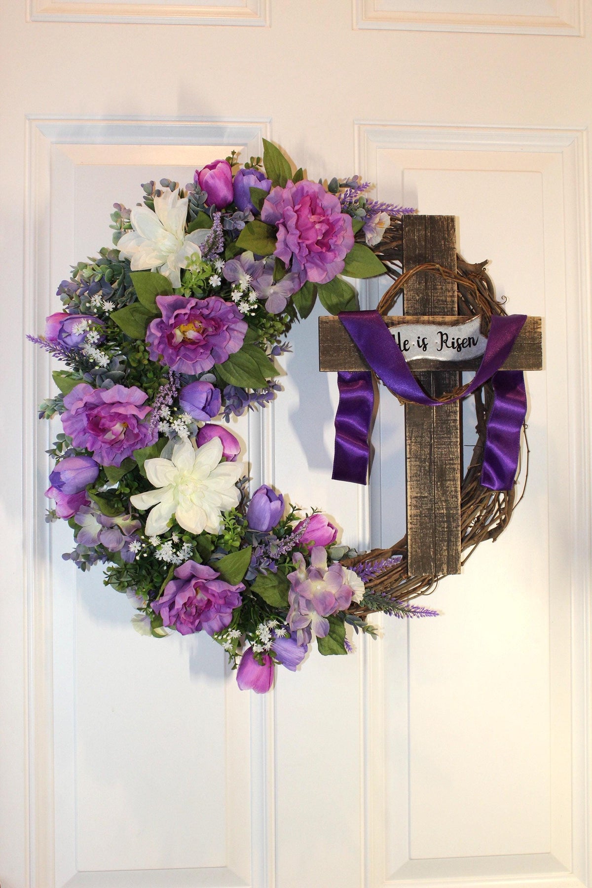 He is Risen Spring Wreath, Purple Easter Wreath, Spring Cross Wreath, Front Door Spring Wreath