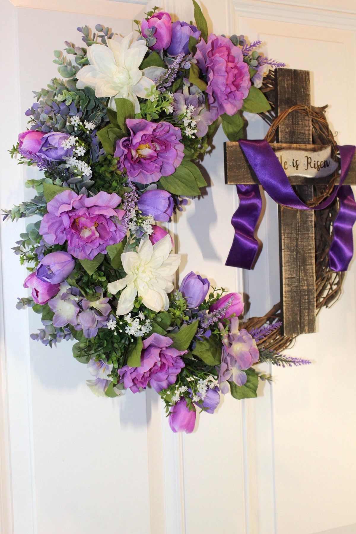 He is Risen Spring Wreath, Purple Easter Wreath, Spring Cross Wreath, Front Door Spring Wreath