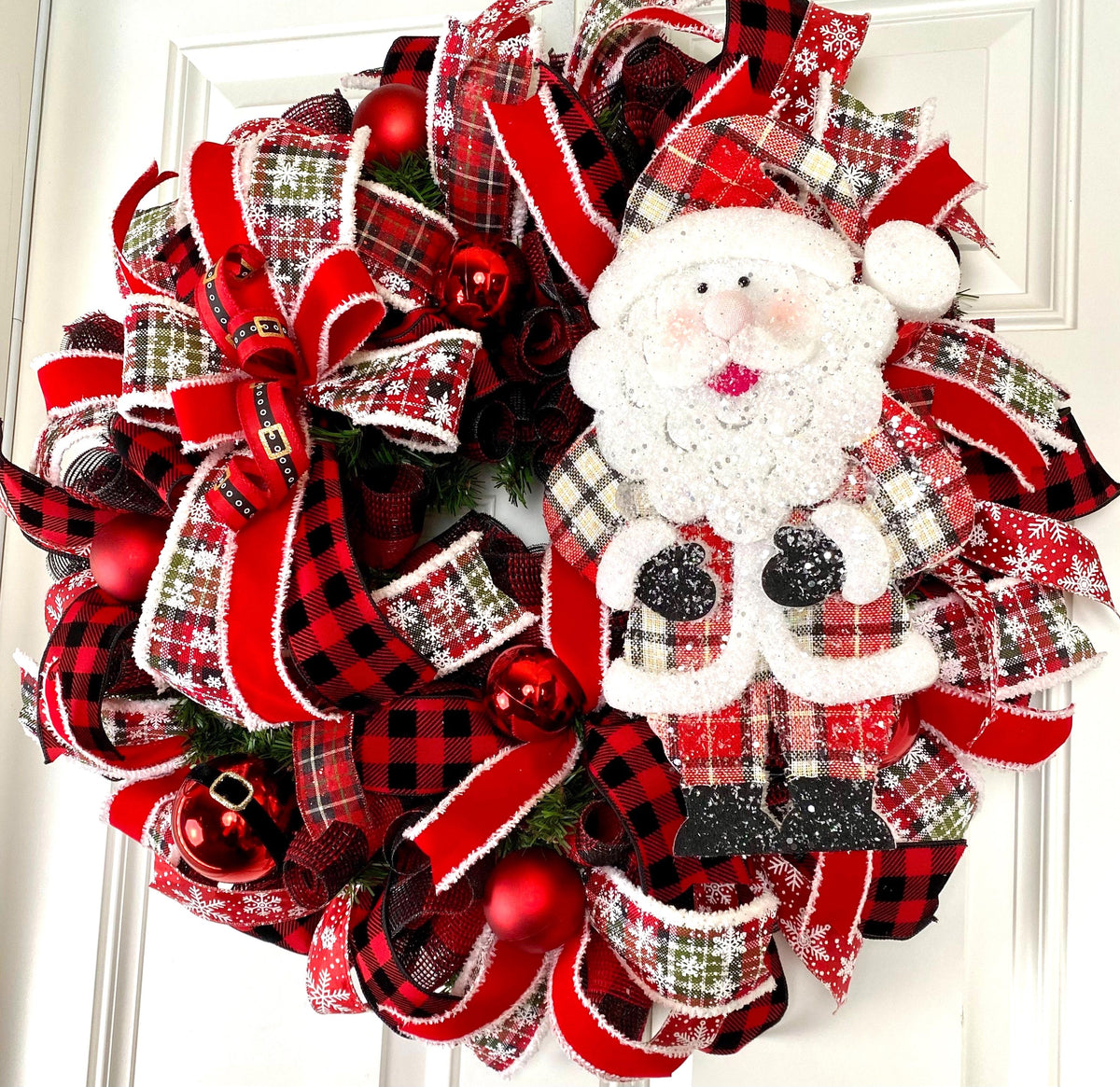 XL Santa Christmas Wreath: Plaid Farmhouse Front Door Decor