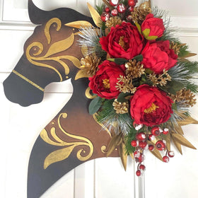 Christmas Horse Wall Decor, Leather Look Peony Horse Head Wreath, Wall Decor