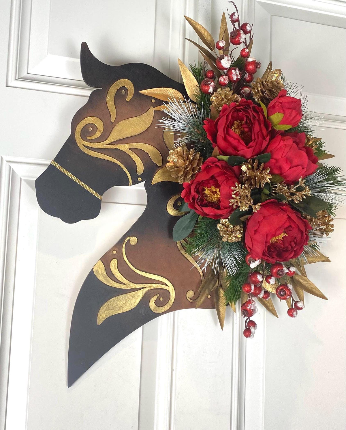 Christmas Horse Wall Decor, Leather Look Peony Horse Head Wreath, Wall Decor