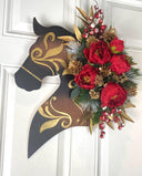 Christmas Horse Wall Decor, Leather Look Peony Horse Head Wreath, Wall Decor