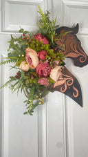 Leather Look Peony Horse Head Wreath, Wall Decor