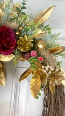 Poinsettia Christmas Wreath: Purple, Magenta & Gold Ornament Decor
