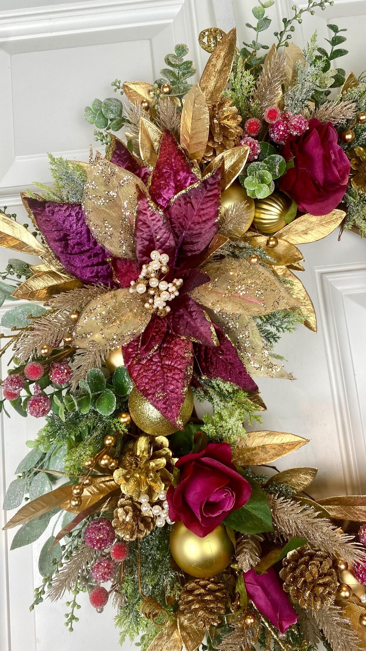 Poinsettia Christmas Wreath: Purple, Magenta & Gold Ornament Decor