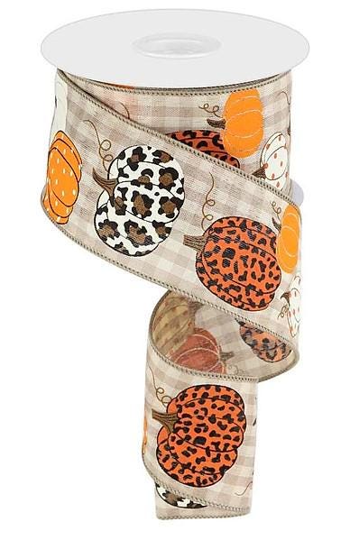 Tan Plaid Leopard Pumpkin Ribbon/Check 2.5 inch (10 Yards)
