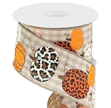 Tan Plaid Leopard Pumpkin Ribbon/Check 2.5 inch (10 Yards)