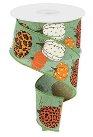 Green Leopard Pumpkin Ribbon/Check 2.5 inch (10 Yards) -Clover