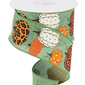 Green Leopard Pumpkin Ribbon/Check 2.5 inch (10 Yards) -Clover