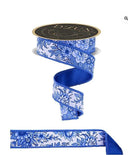 Blue White Toile Ribbon-Chinoiserie Floral/Fused (10 Yards)