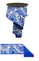 Blue White Toile Ribbon-Chinoiserie Floral/Fused (10 Yards)