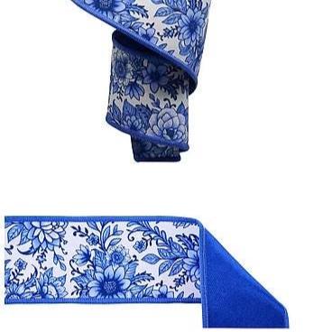 Blue White Toile Ribbon-Chinoiserie Floral/Fused (10 Yards)