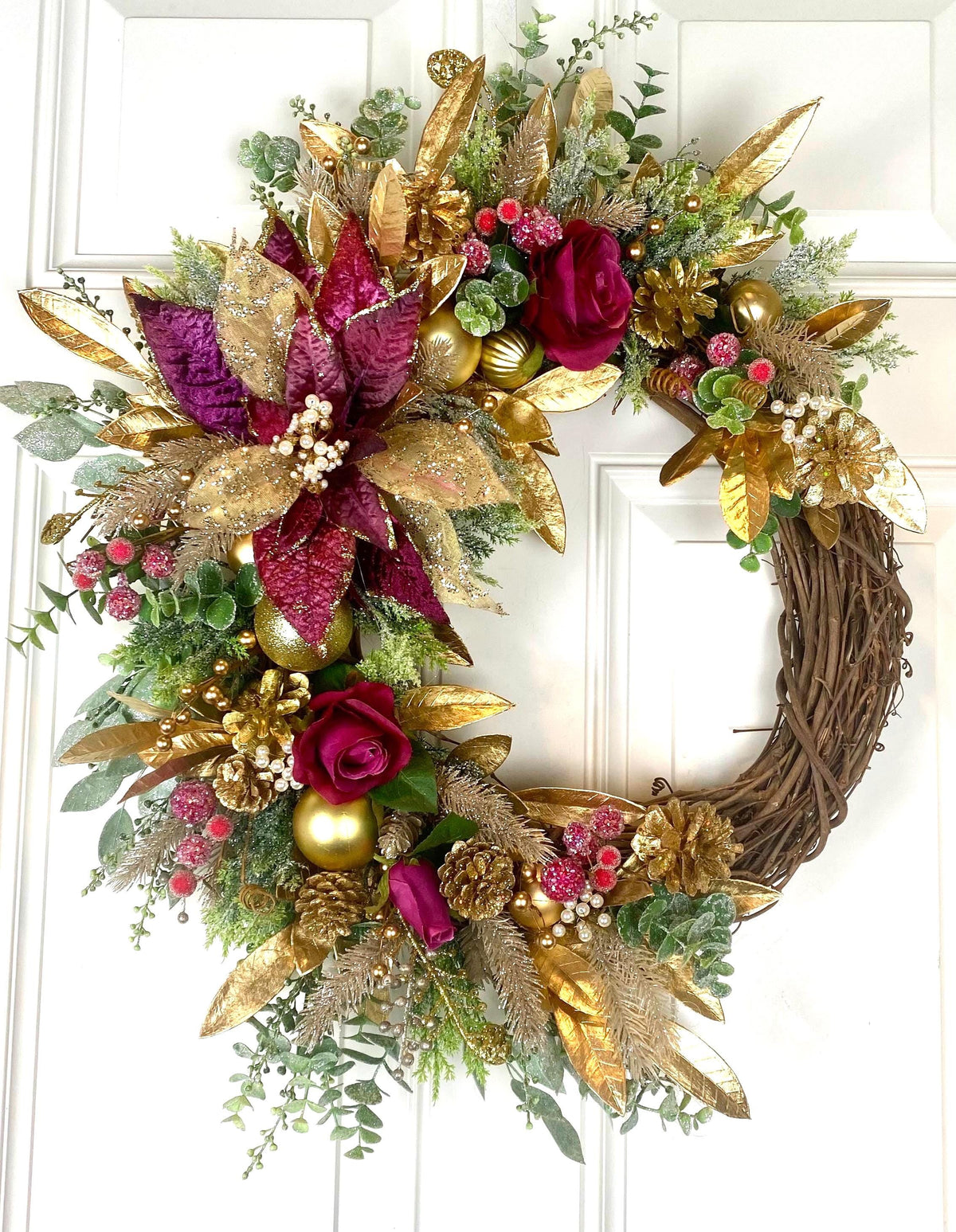 Poinsettia Christmas Wreath: Purple, Magenta & Gold Ornament Decor