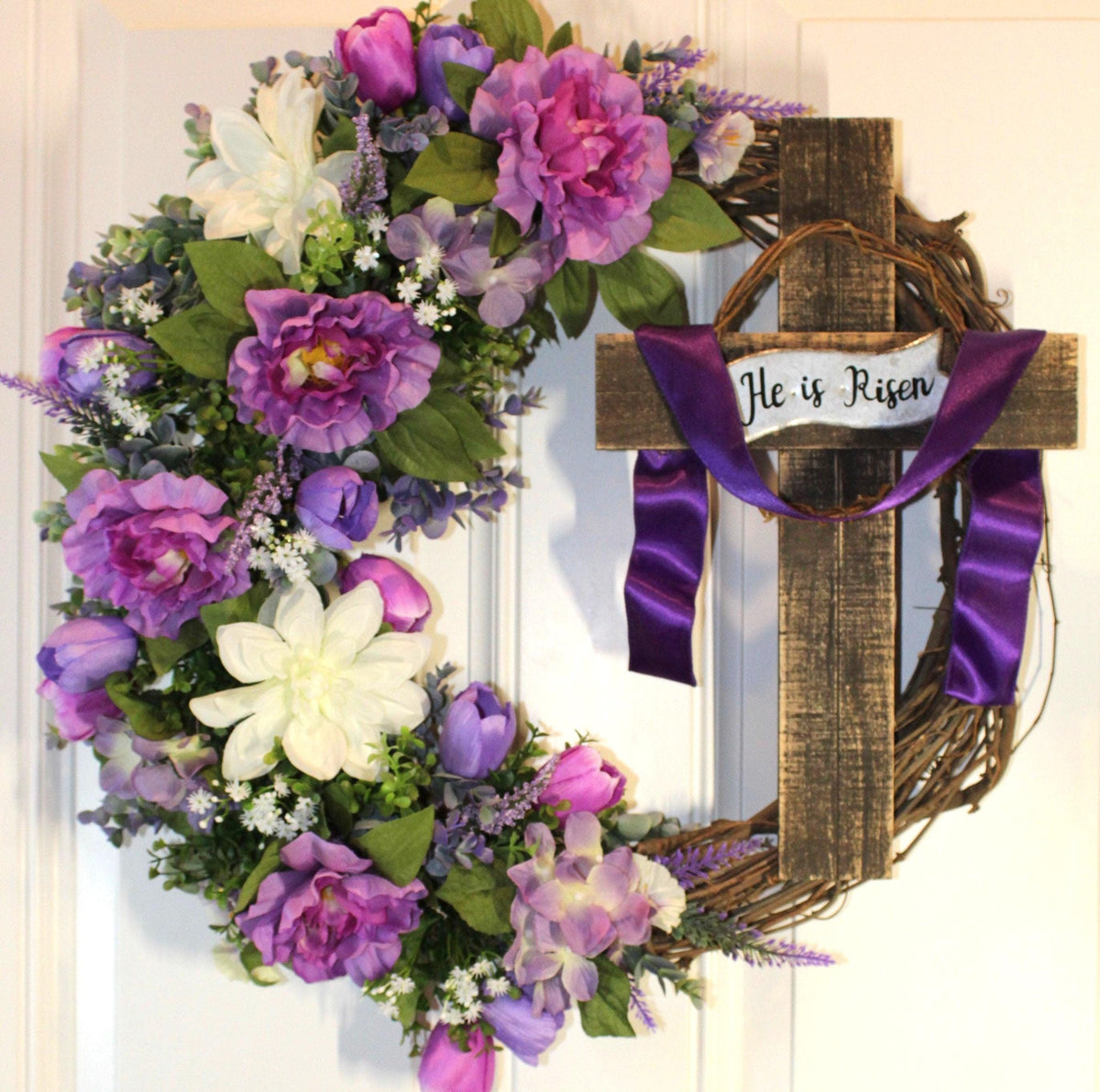 He is Risen Spring Wreath, Purple Easter Wreath, Spring Cross Wreath, Front Door Spring Wreath