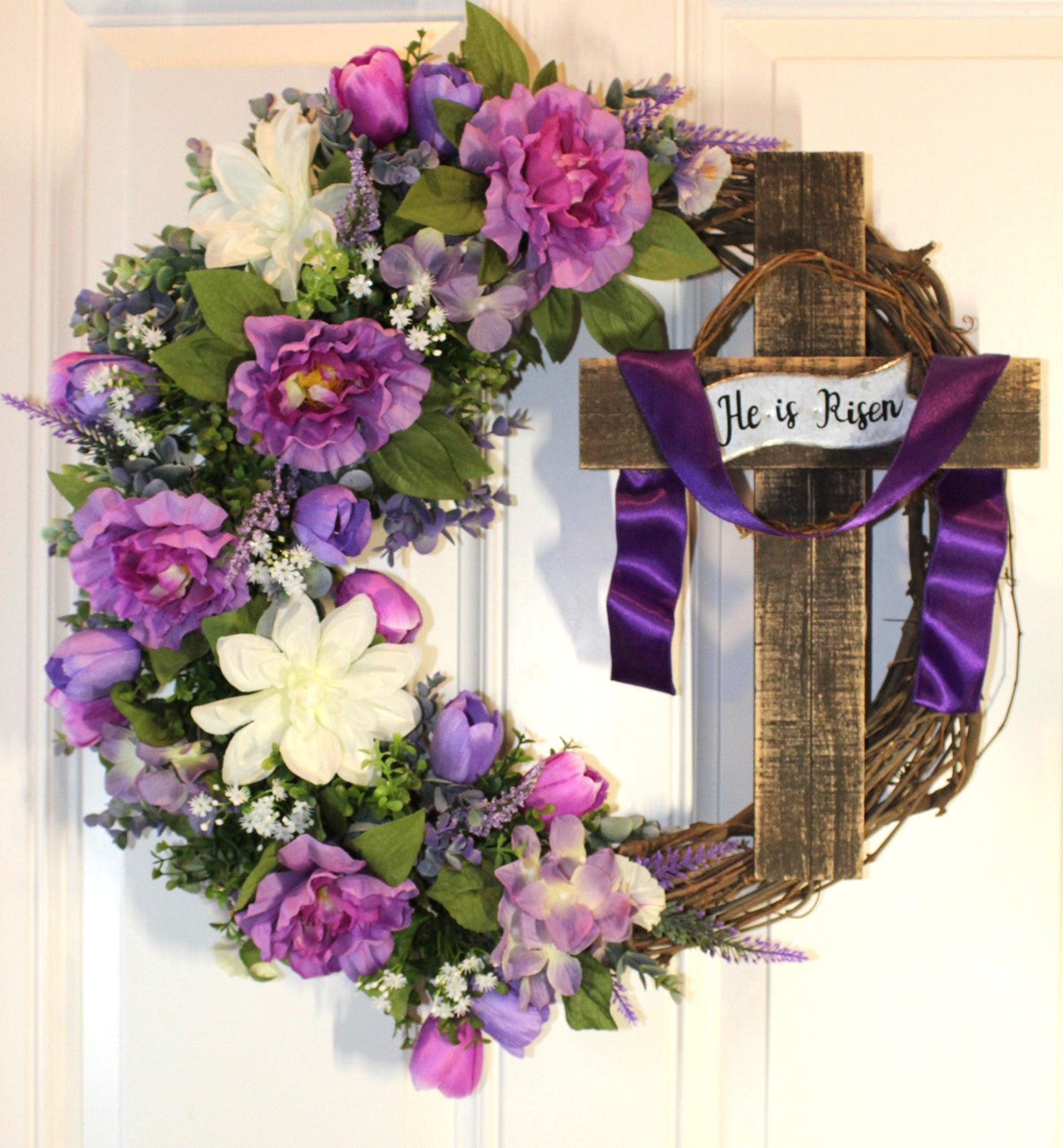 He is Risen Spring Wreath, Purple Easter Wreath, Spring Cross Wreath, Front Door Spring Wreath