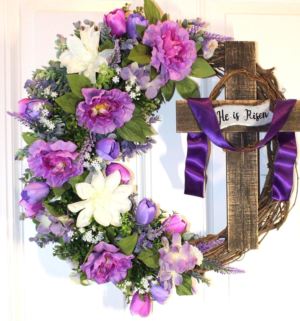 He is Risen Spring Wreath, Purple Easter Wreath, Spring Cross Wreath, Front Door Spring Wreath