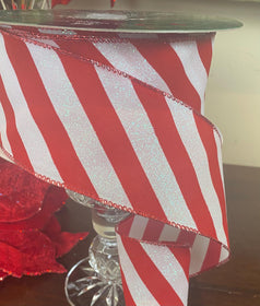 Red and White Candy Cane Christmas Wired Ribbon, 2.5 Inch, 10 Yard Roll