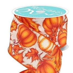 Orange Pumpkin/Leaves Ribbon (10 Yards) 1.5 and 2.5 inch