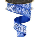 Blue White Toile Ribbon-Chinoiserie Floral/Fused (10 Yards)