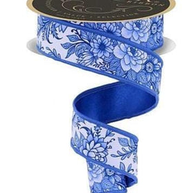 Blue White Toile Ribbon-Chinoiserie Floral/Fused (10 Yards)