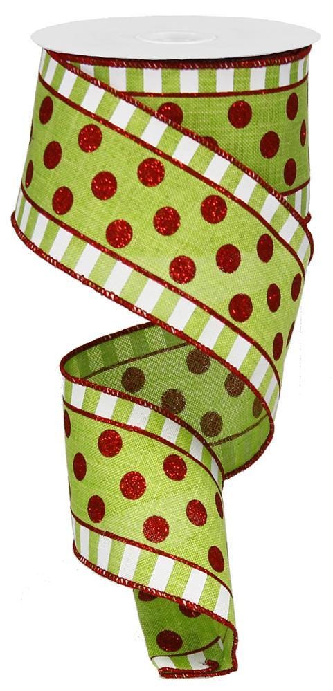 2.5" Lime and Red Christmas Polka Dot Ribbon (10 Yards)