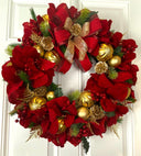 Lighted Red Amaryllis Pinecone Ornament Wreath: Winter Holiday Porch Decor