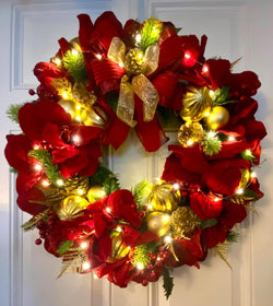 Lighted Red Amaryllis Pinecone Ornament Wreath: Winter Holiday Porch Decor