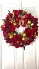 Lighted Red Amaryllis Pinecone Ornament Wreath: Winter Holiday Porch Decor