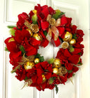 Lighted Red Amaryllis Pinecone Ornament Wreath: Winter Holiday Porch Decor
