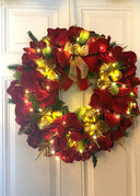 Lighted Red Amaryllis Pinecone Ornament Wreath: Winter Holiday Porch Decor