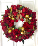 Lighted Red Amaryllis Pinecone Ornament Wreath: Winter Holiday Porch Decor